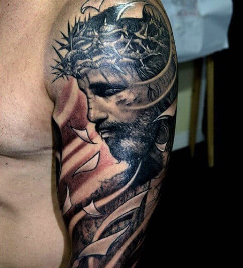 Upper Arm Half Sleeve Christian Tattoo Symbols For Gentlemen