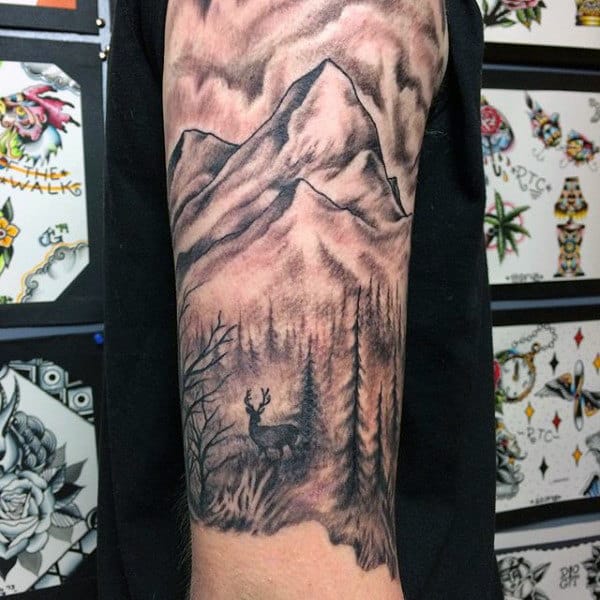 Upper Arm Half Sleeve Mens Deer And Mountain Tattoos