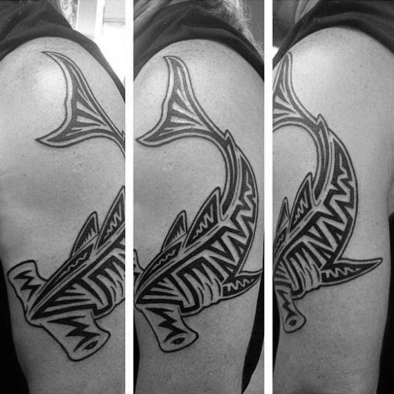 Upper Arm Hammerhead Shark Tribal Tattoo On Gentleman
