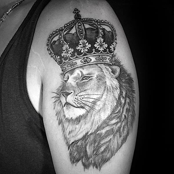 Upper Arm Male Lion With Crown Tattoo