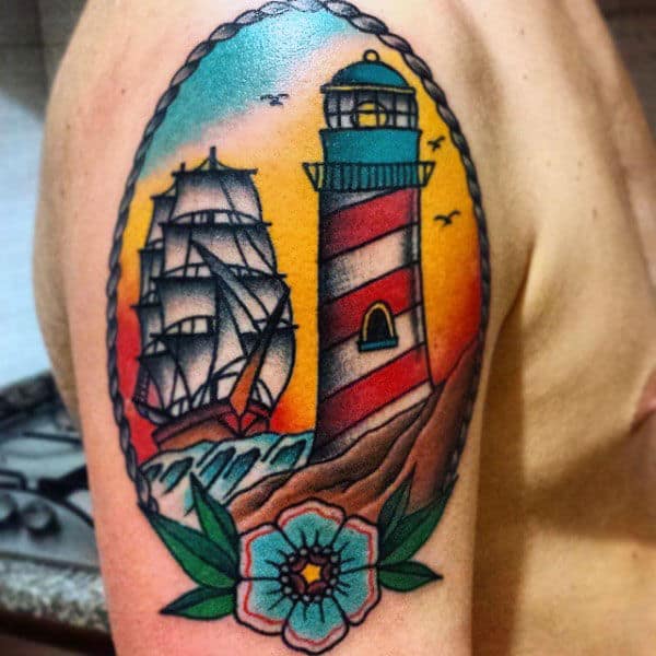 Upper Arm Male Traditional Lighthouse And Ship Tattoos