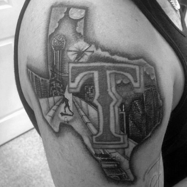 Upper Arm Manly Dallas Skyline Tattoo Design Ideas For Men.