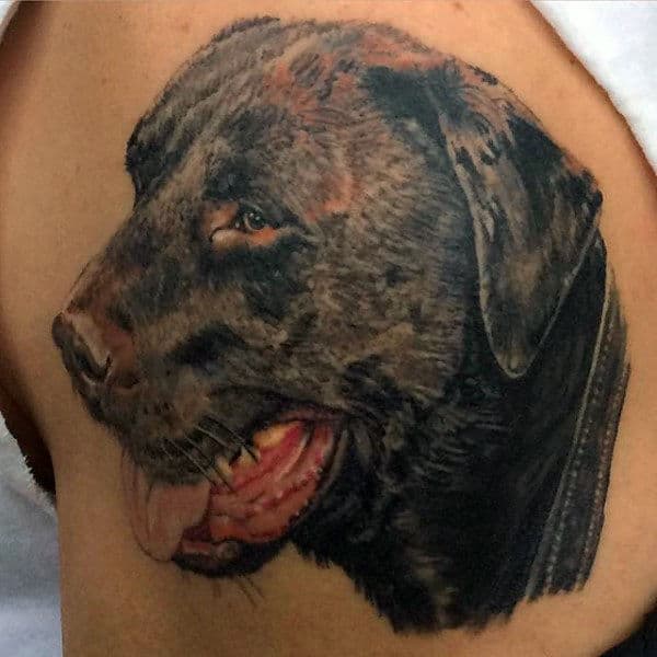 Upper Arm Mens Black Labrador Retriever Tattoo