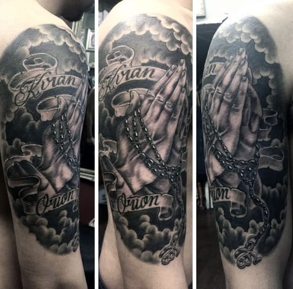 Upper Arm Mens Tattoo Praying Hands With Clouds And Words