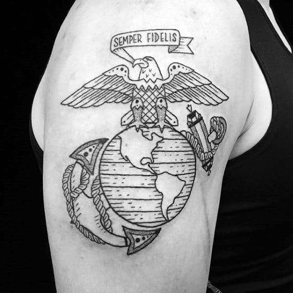 Black shaded globe eagle and anchor tattoo on left body for men