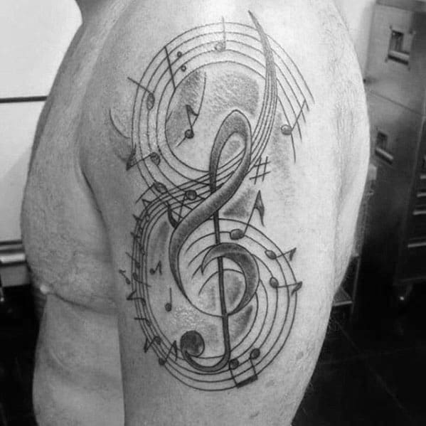 Upper Arm Note Guys Tattoos With Music Staff Design