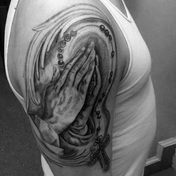 Upper Arm Praying Hand With Rosary Tattoos For Males