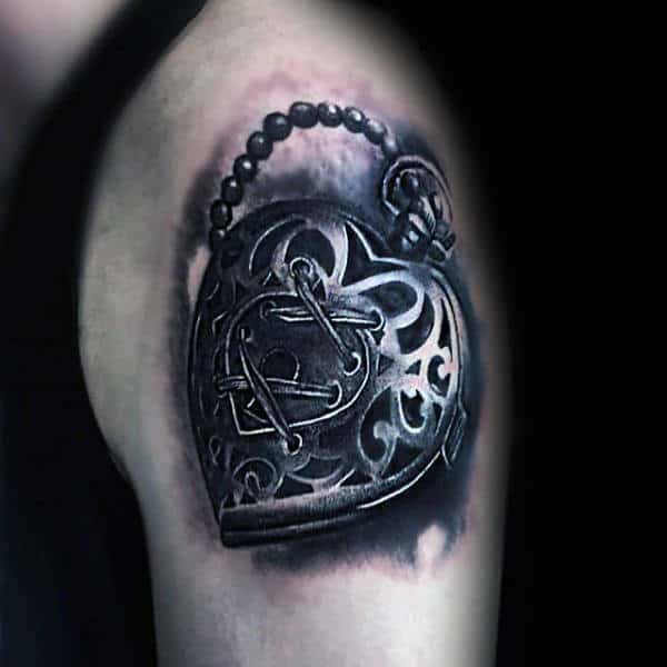 Upper Arm Realisitc 3d Heart Lock Mens Tattoo Design Ideas