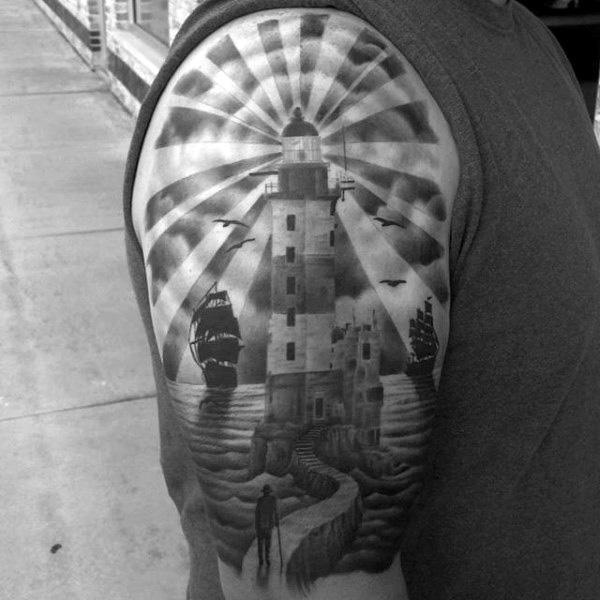 Upper Arm Realistic Male Lighthouse Tattoo Design