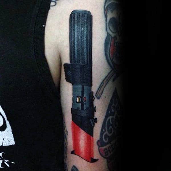 Upper Arm Red Lightsaber Guys Tattoo Design Ideas