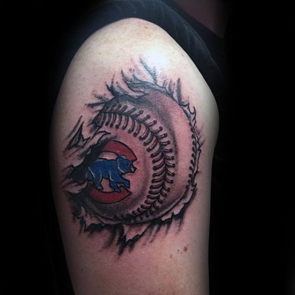 Upper Arm Ripped Skin Baseball Chicago Cubs Guys Tattoo