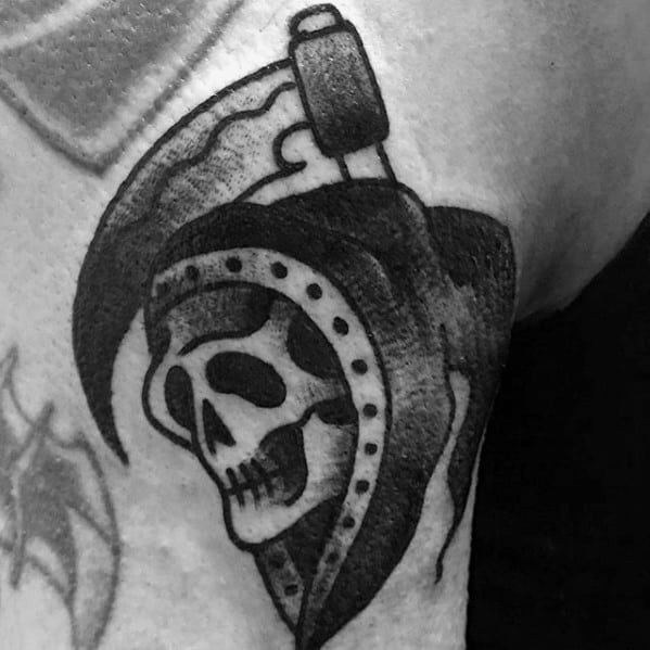 Upper Arm Small Cool Male Traditional Reaper Tattoo Designs