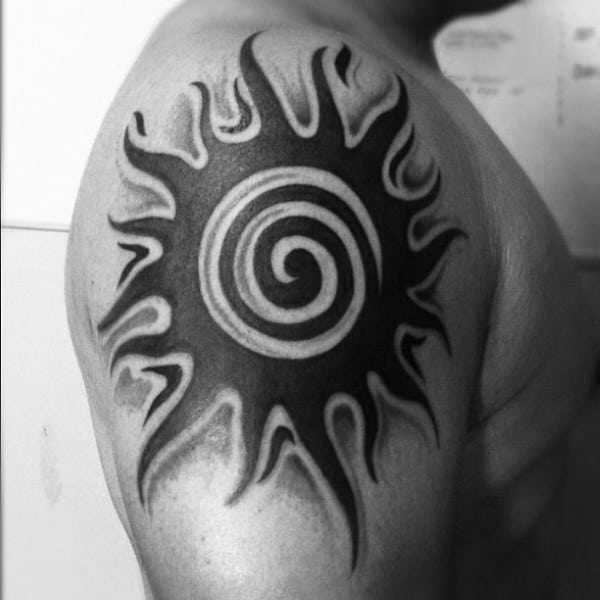 Upper Arm Spiral Tribal Sun Male Tattoos