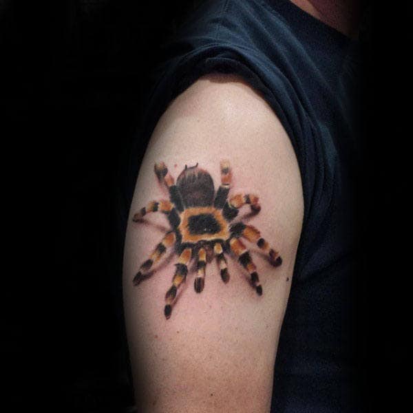 Upper Arm Tarantula Orange And Black Ink Tattoo Inspiration For Guys