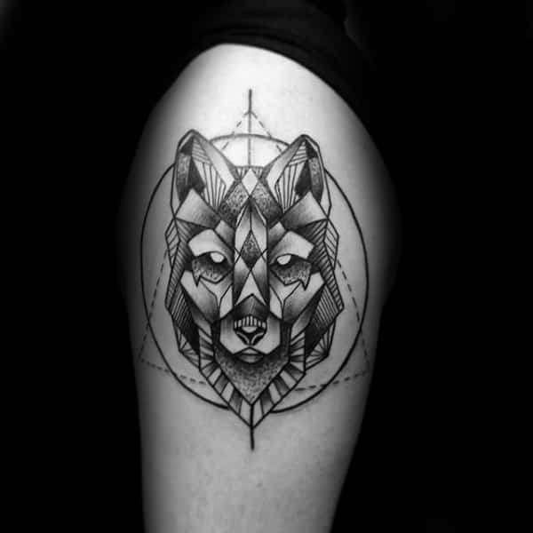 Upper Arm Triangle And Circle Geometric Wolf Tattoos For Guys