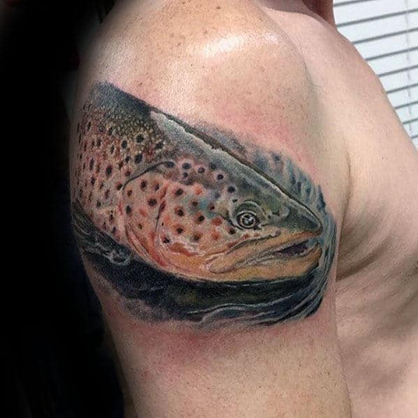 Upper Arm Trout In Water Tattoo Designs For Men