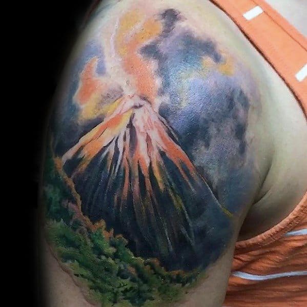 Upper Arm Volcano Tattoo Designs For Guys