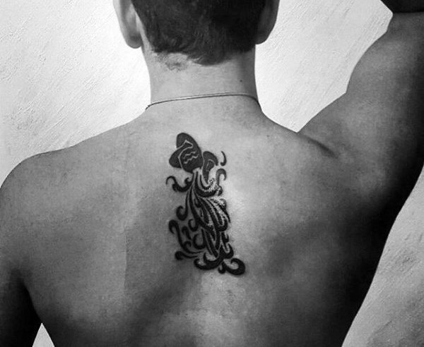 Upper Back Blank Ink Aquarius Tattoo On Male