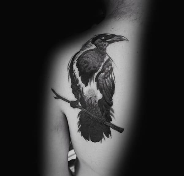 Upper Back Cool Mens Crow Tattoo Design Inspiration