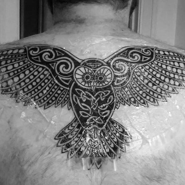Upper Back Detailed Mens Flying Celtic Owl Tattoo Ideas