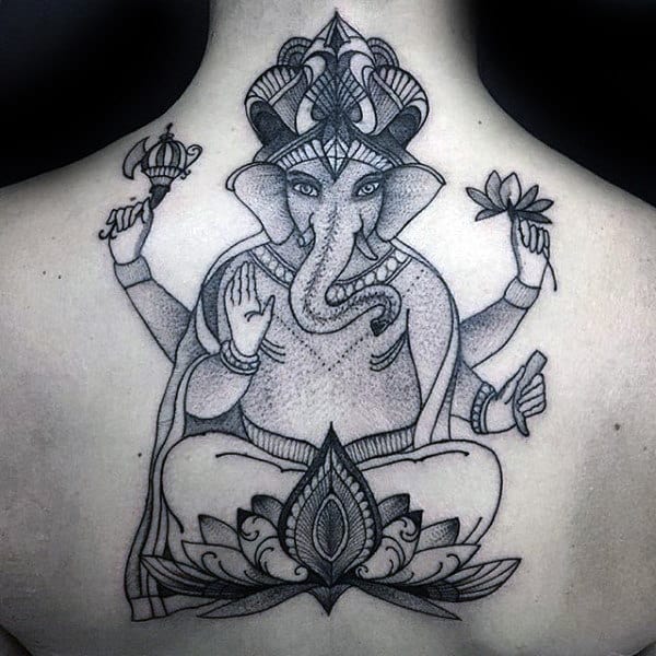 Upper Back Guys Ganesh Dotwork Tattoo Design Ideas