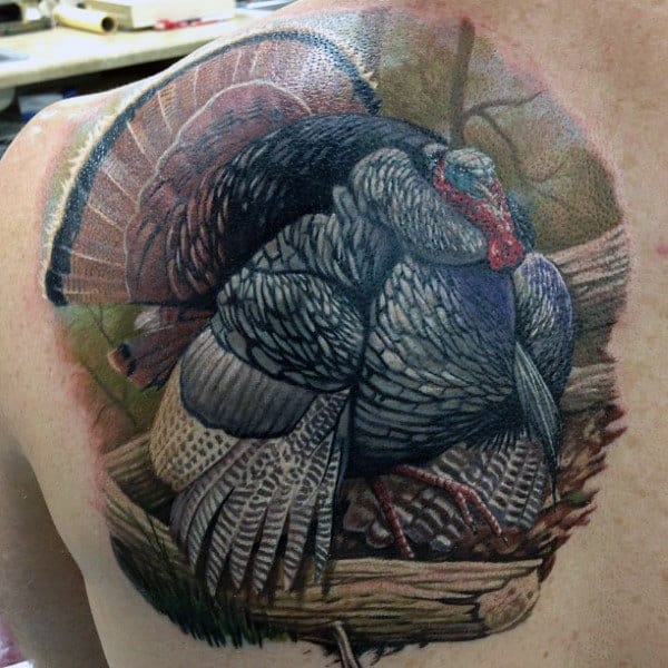 Upper Back Guys Realistic Turkey Tattoo Designs