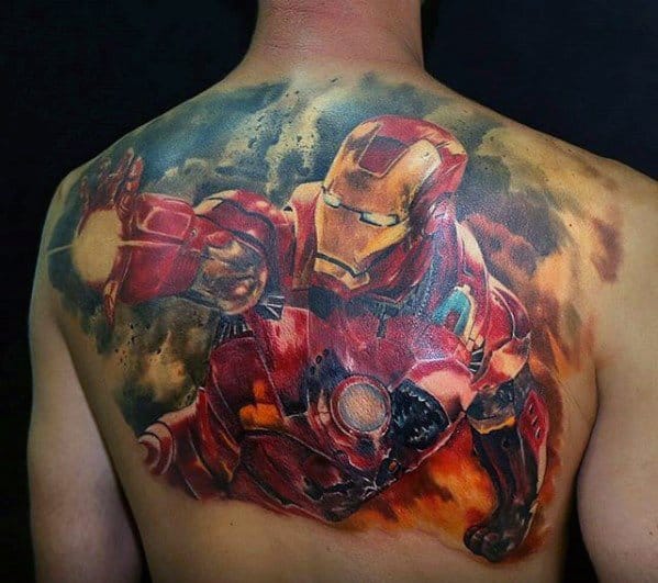 Upper Back Iron Man Tattoo On Men
