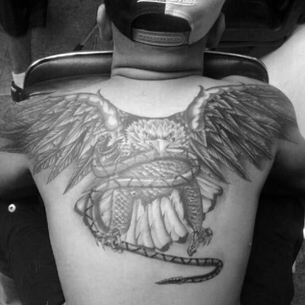 Upper Back Mexican Eagle Flying With Snake In Mouth Mens Tattoos