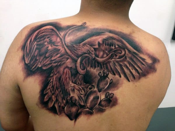 Upper Back Mexican Eagle Tattoo On Gentleman