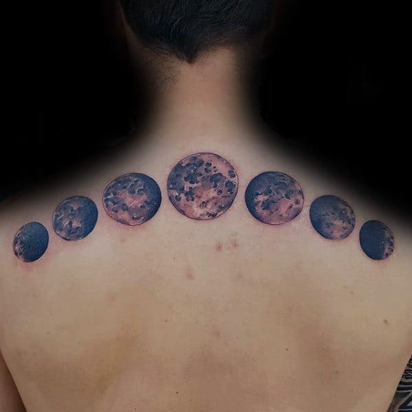 Upper Back Realistic Guys Moon Phases Tattoo