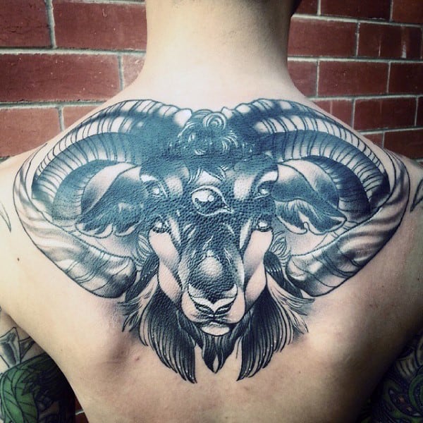 Upper Back Shaded Aries Mens Abstract Ram Tattoo Design Ideas