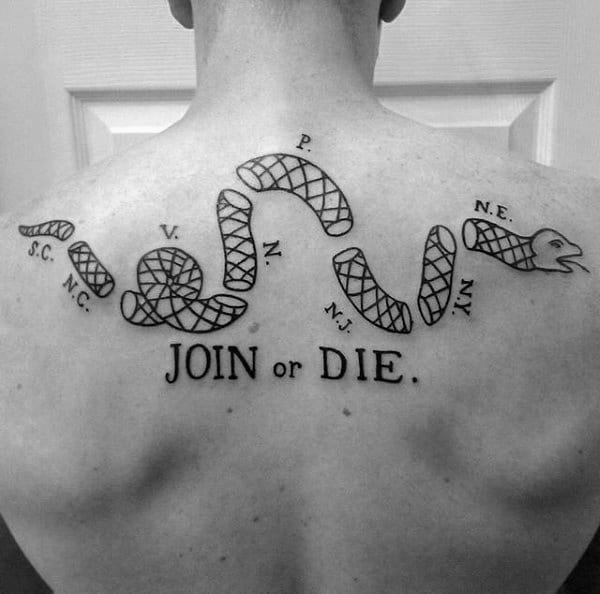 Upper Back Tattoo Of Join Or Die On Gentleman