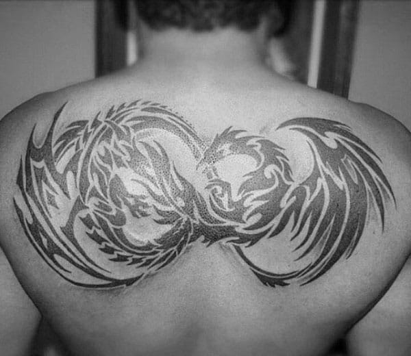 Upper Back Tribal Dragon Black Ink Tattoos For Guys