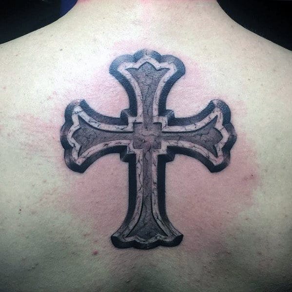 Upper Center Of Back Mens Stone 3d Badass Cross Tattoo