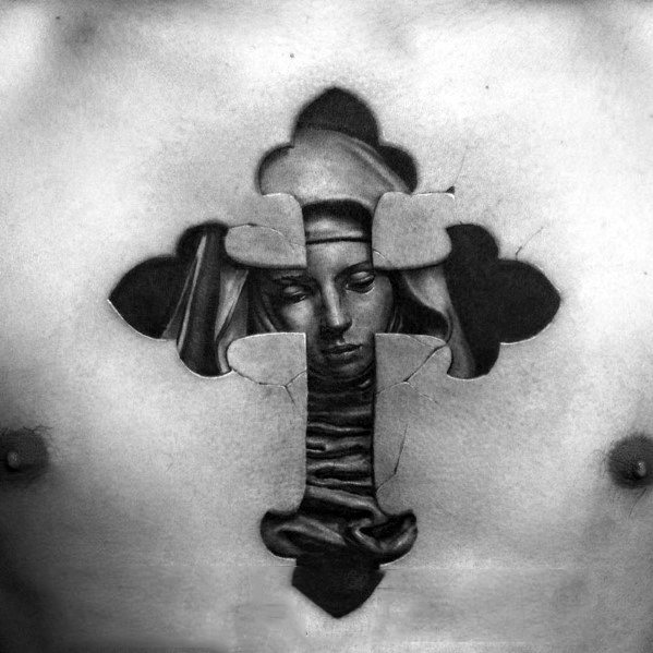 Upper Chest 3d Badass Cross With Mother Mary Portrait Tattoo For Guys
