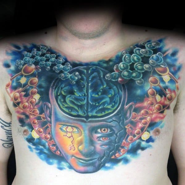 Upper Chest 3d Consciousness Tattoos Guys