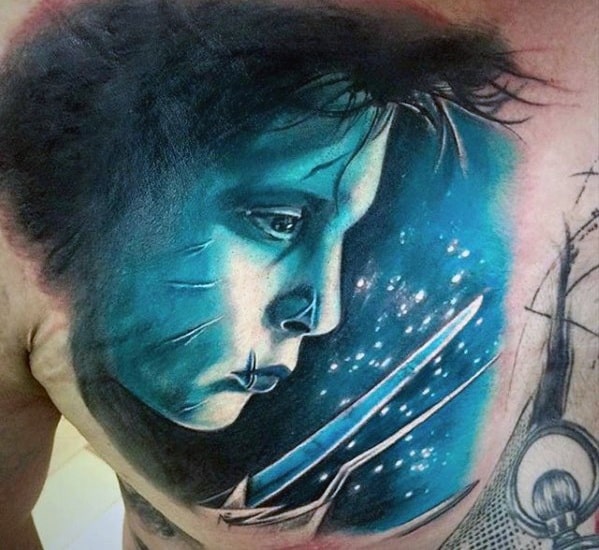 Upper Chest 3d Edward Scissorhands Tattoo Ideas For Males