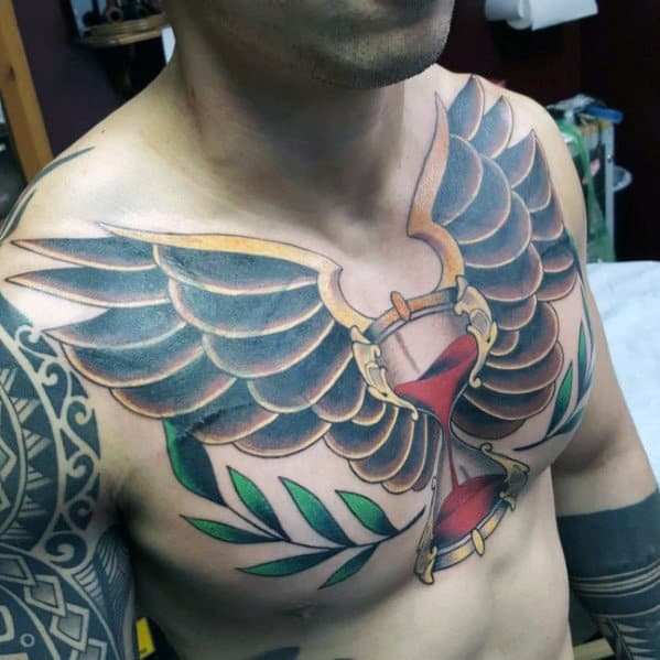 Upper Chest 3d Traditional Hourglass With Wings Tattoo For Men