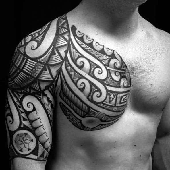 Upper Chest And Arm Badass Tribal Tattoo Designs For Guys