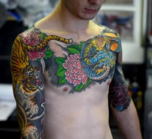 Upper Chest And Half Sleeve Mens Japanese Tiger Tattoos