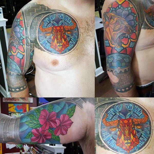 Upper Chest And Half Sleeve Stained Glass Tattoos On Male