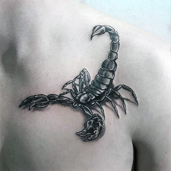 Upper Chest And Shoulder Male Scorpion 3d Tattoo