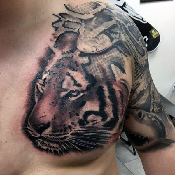 Upper Chest And Shoulder Mens Tiger With Snake Animal 3d Tattoo Sleeve Design