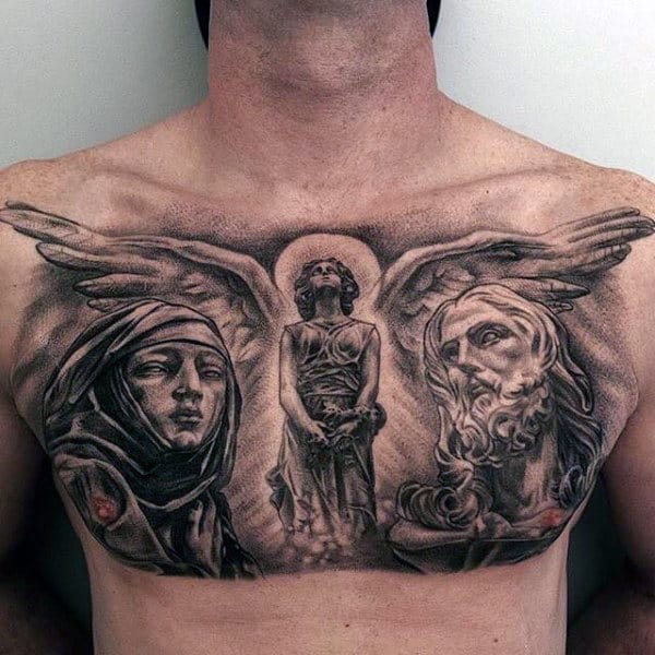 Upper Chest Angel With Wings Virgin Mary Tattoos For Guys
