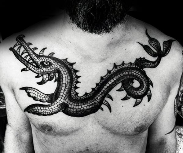 Upper Chest Black And Grey Ink Mosaic Male Tattoo Designs