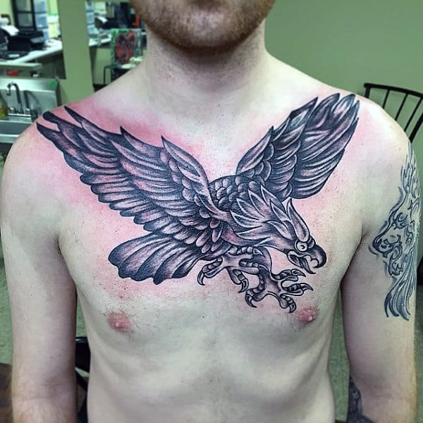 Upper Chest Black And Grey Male Traditional Tattoo Ideas