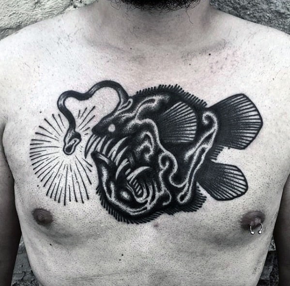 Upper Chest Black Ink Unique Mens Angler Fish Tattoos