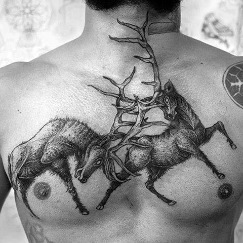 Upper Chest Buck Deer Tattoos For Men