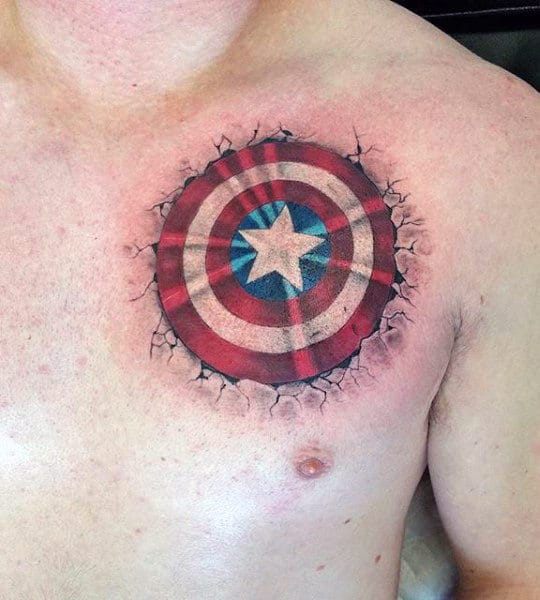 Upper Chest Captain America Shield In Stone Male Tattoos