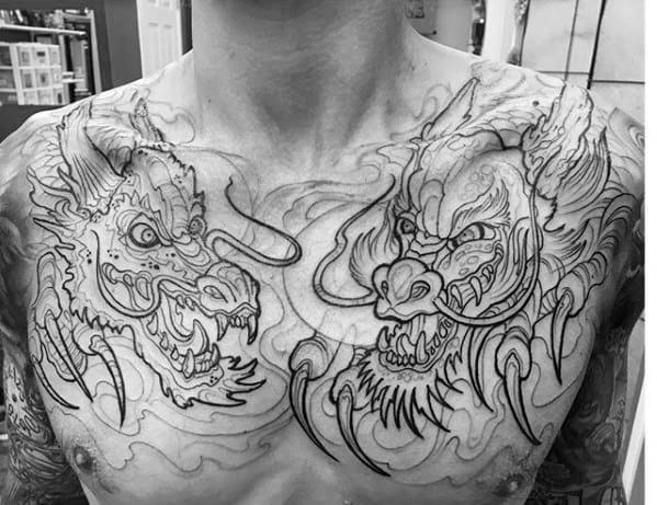 Upper Chest Dragon Outline Male Tattoo Designs